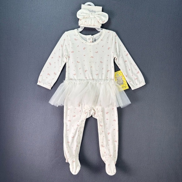 NWT ItsyBig White Floral Tulle Skirt Snap Closures Footed Onepiece Outfit 9M - Picture 1 of 13